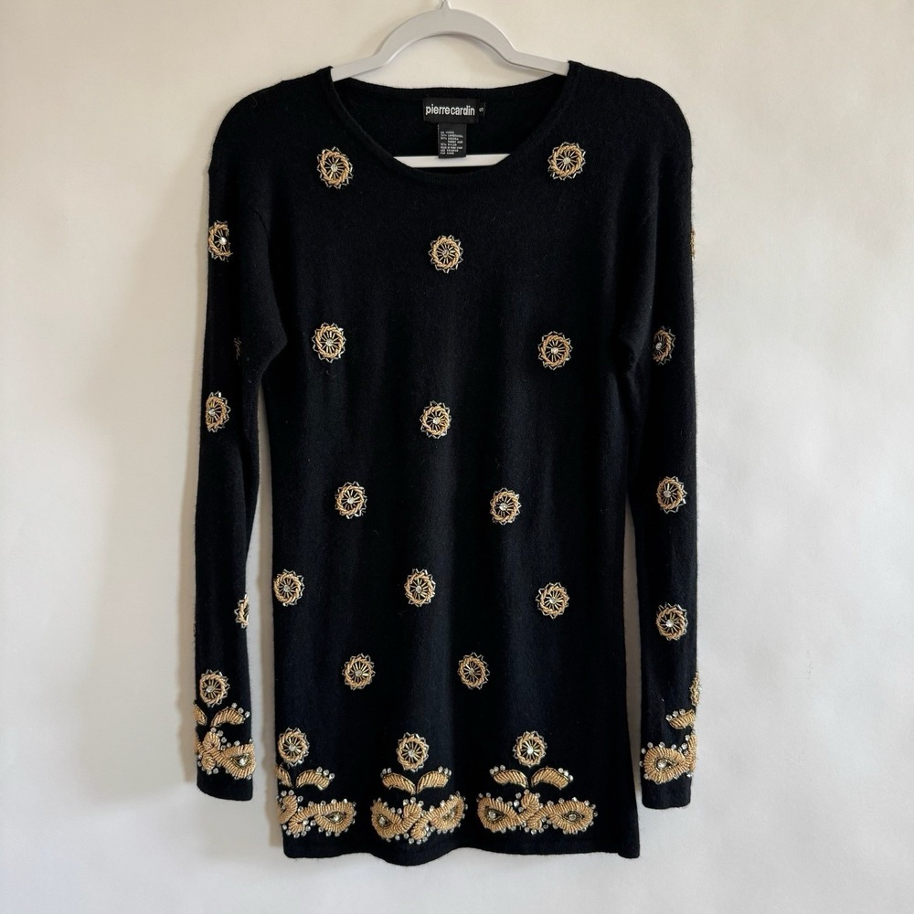 Pierre Cardin Vintage Lambswool Angora‎ Sweater Black Gold Silver Beaded Small